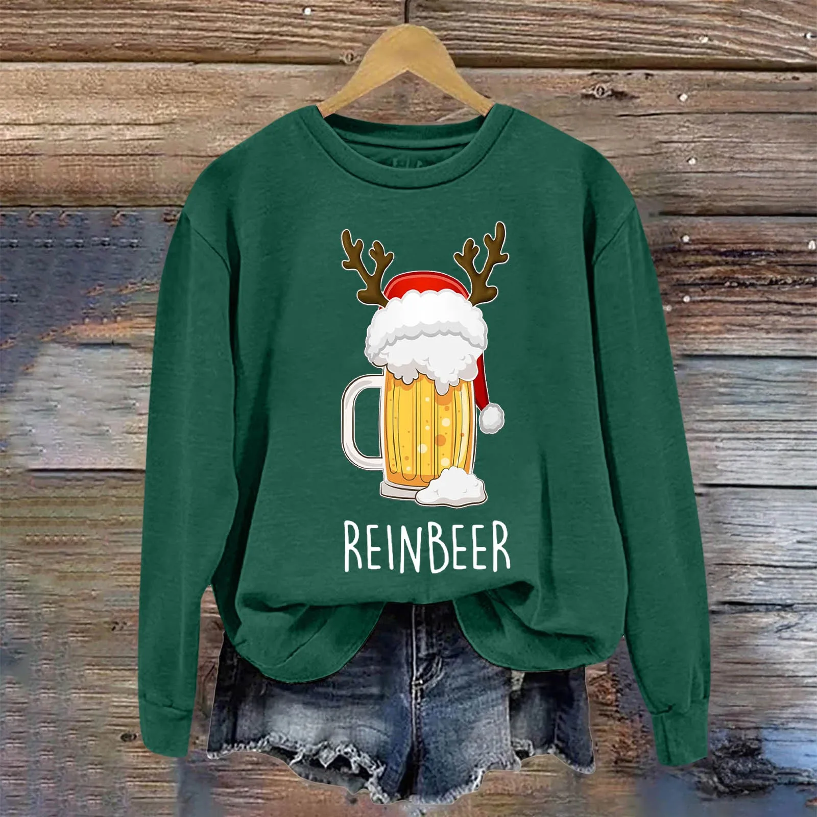 Christmas Sweatshirts Women's Rein Beer Print Long Sleeved Crew Neck Pullover Sweatshirts Female Clothes Holiday Women Hoodies