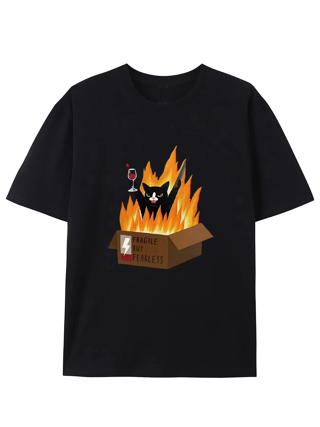 T-shirt humoristique pour homme avec motif chat en flamme FRAGILE MAIS SANS TERROR, en coton, tendance, pour l'été, pour femme, coupe oversize, nouveauté, décontracté