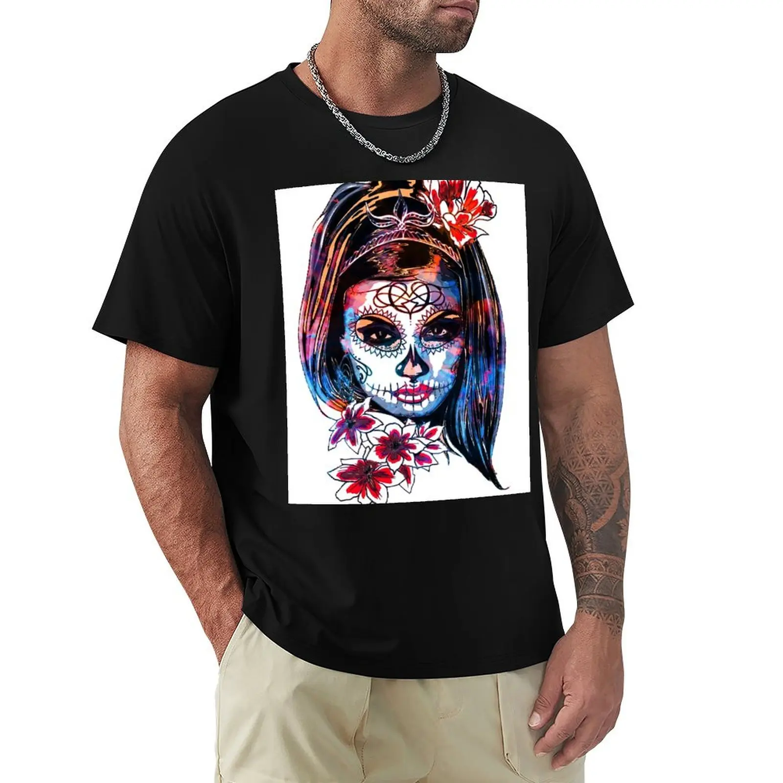 Multicoloured La Catrina Dia de los muertos T-Shirt Modern Print Casual T-Shirt