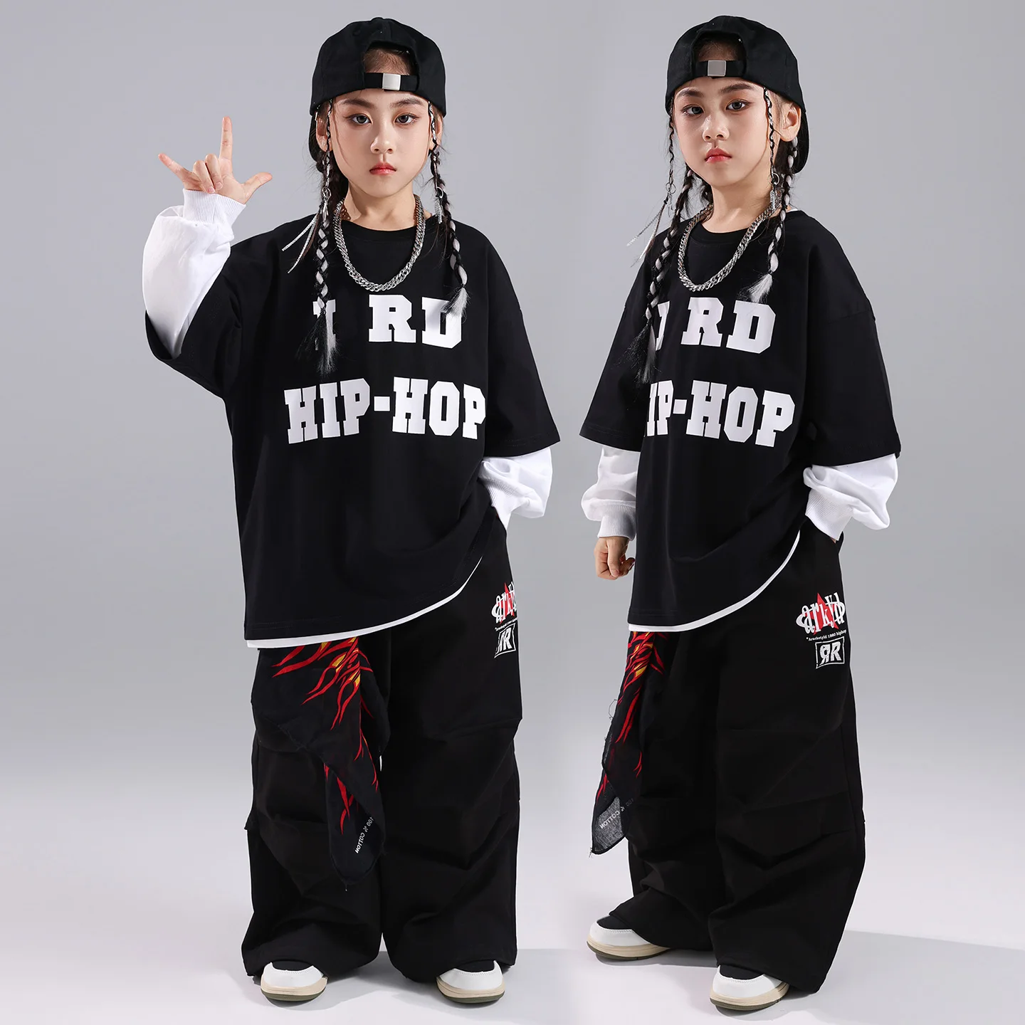 新しい子供社交ヒップホップダンス衣装女の子のためのルーズシャツ黒パンツストリートウェア男の子ジャズパフォーマンススーツ DQS21217