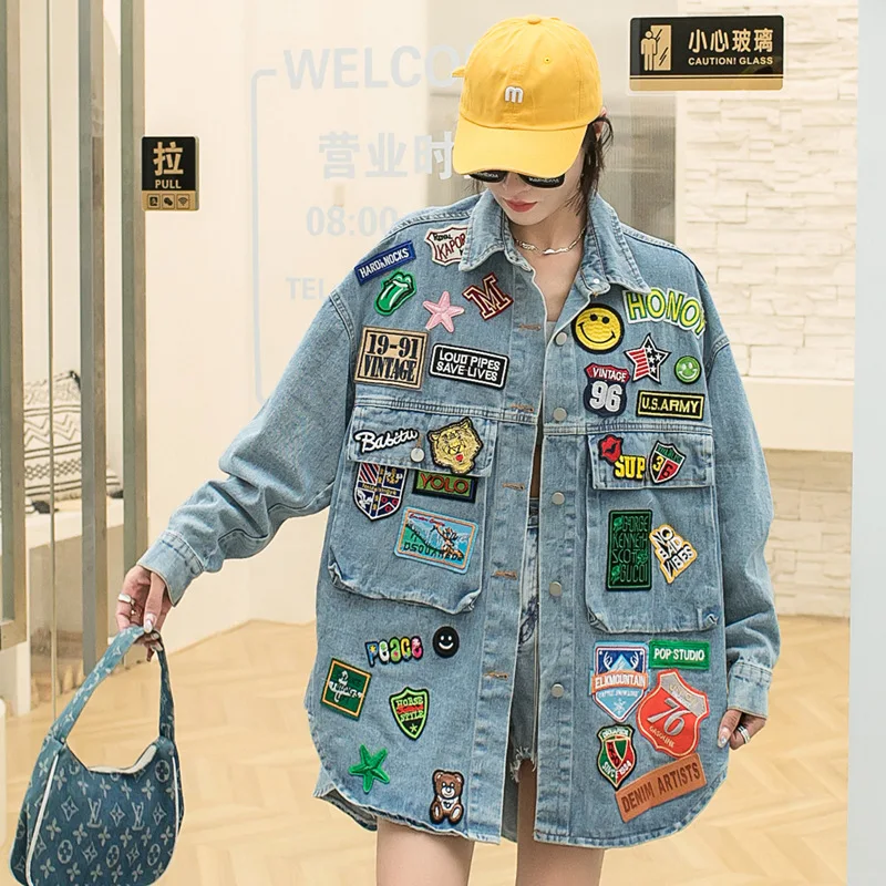 Fashion Embroidery Patches Denim Jacket Coat Women Harajuku Streetwear Hip Hop Trend Loose Jean Jackets Outerwear