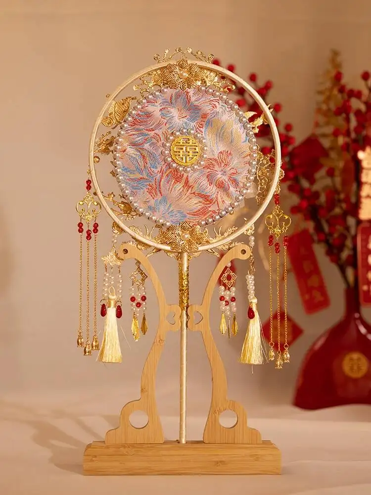 Chinese Style Bride Round Fan DIY Kit Gold Handmade Double-Sided Embroidery Wedding Fan Xiuhe Costume Marriage Fan view 5