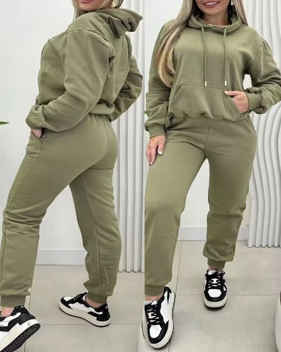 

Women's Casual Suits 2025 Autumn Winter Latest Plus Size Solid Color Long Sleeves Casual Warm Hooked Sweatshirt Long Pants Set