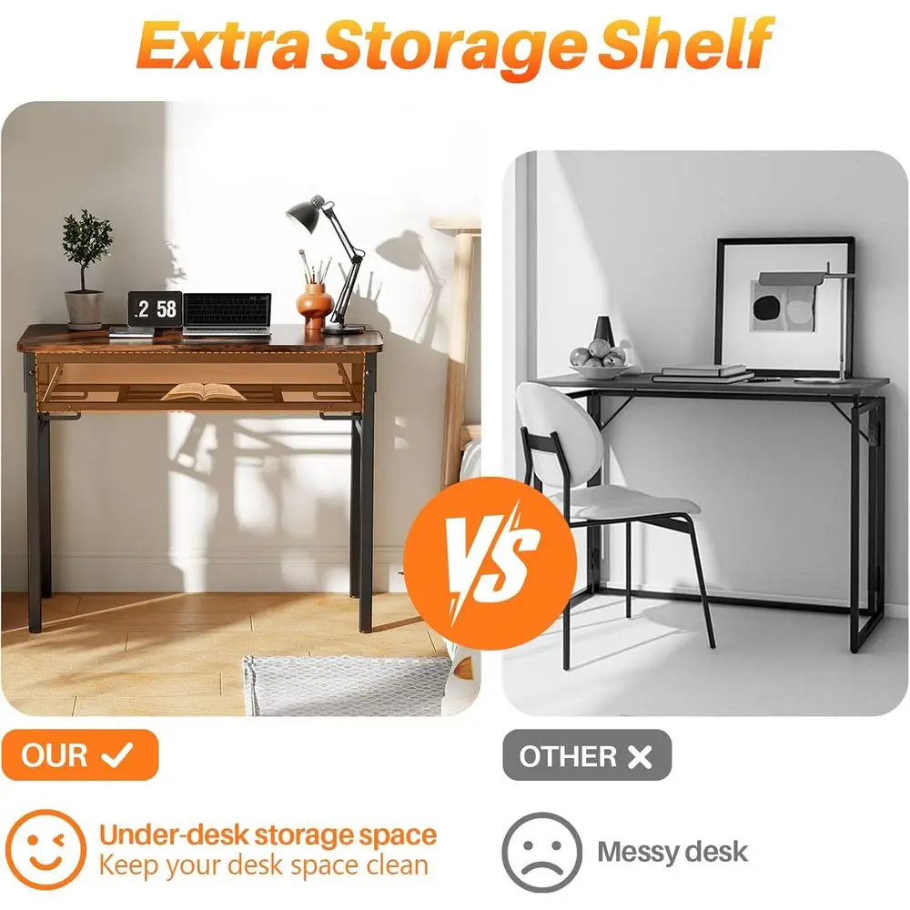 مكتب كمبيوتر مدمج قابل للطي 39.4 مع مساحة تخزين، طاولة كتابة للدراسة للمساحات الصغيرة، بني #4