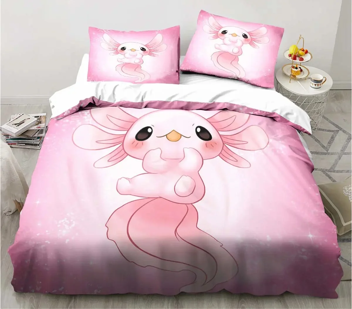 Cute Kawaii Axolotl Art Christmas Navidad Gift King Twin Double Child Customized Bedding Set Duvet Cover with Pillowcase 3 Piece