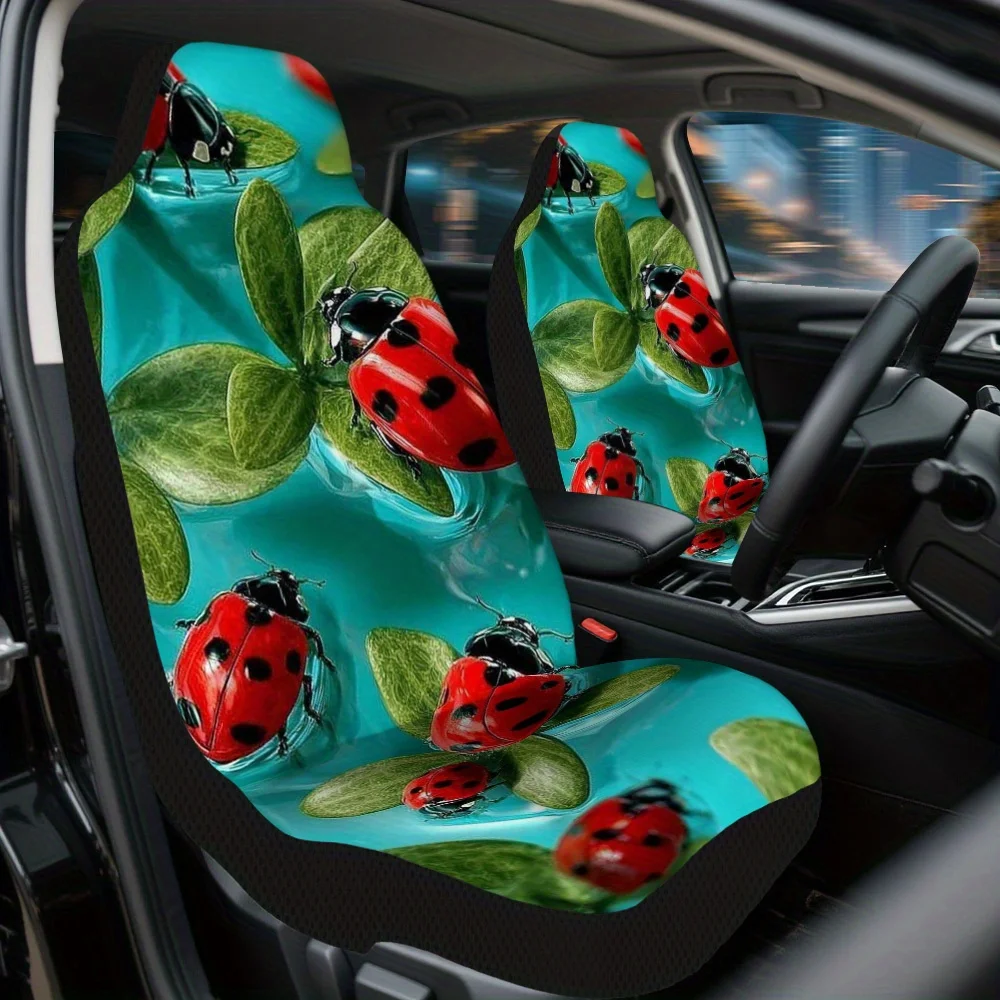 2pcs Ladybug And Green Leaves Print Car Seat Covers – Front Seat Protectors For Cars, SUVs & Sedans, Durable Design, Easy Insta