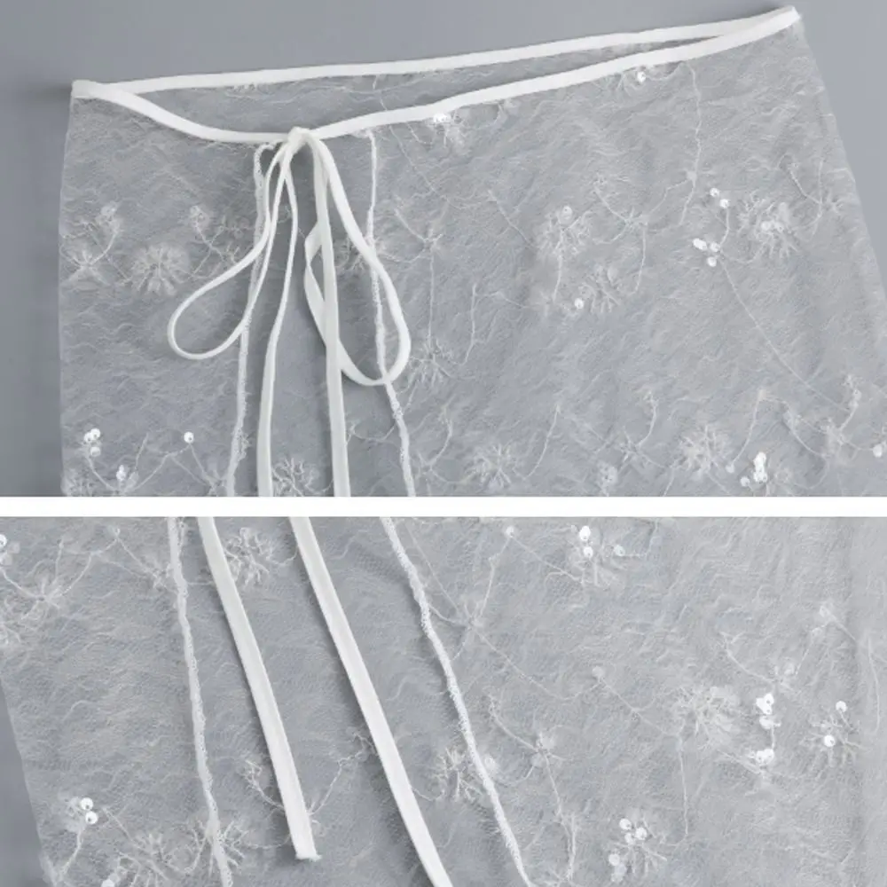 

Кружевная юбка миди с высокой талией, асимметричным боковым разрезом, прозрачная, на шнуровке, в стиле Harajuku Y2K, уличная мода