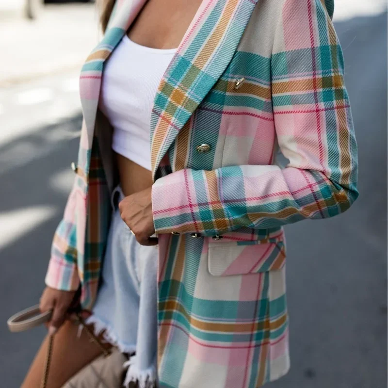 Fashion Pink Plaid and Striped Blazer Office Lady Lapel Double Breasted Business Commute Blazers Spring Autumn Elegant Chic Coat