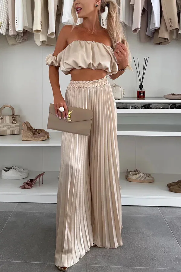 2025 Zomer Vrouwen Sexy 2 Delige Set Off-shoulder Mouwloze Boob Tube Top + Wijde Pijpen Broek Set Fashion Party Casual Broek Outfit