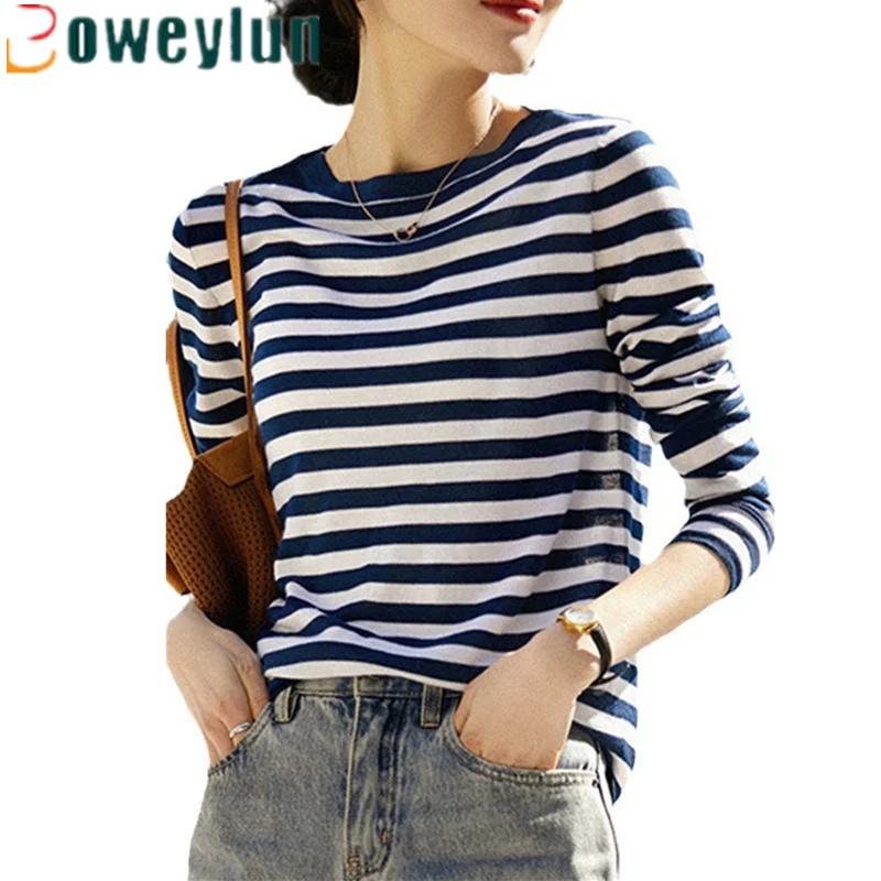 

Boweylun Spring and Autumn New Casual Long-sleeved T-shirt Colour Blocking Stripes Fashion Pullover Bottoming Shirt