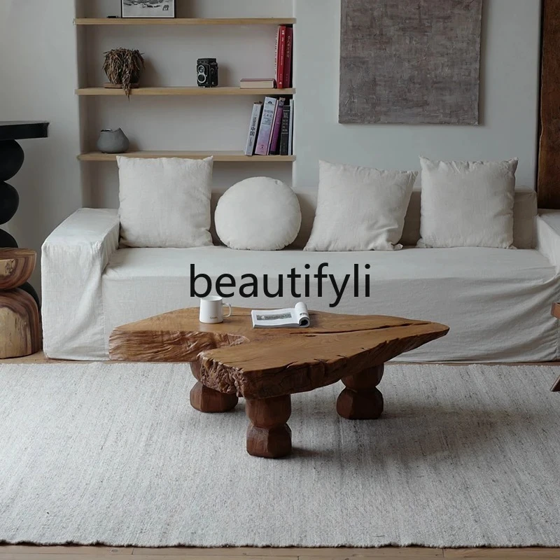 LXWabi Sanfeng log coffee table retro old bed and breakfast living room solid wood special-shaped irregular tree