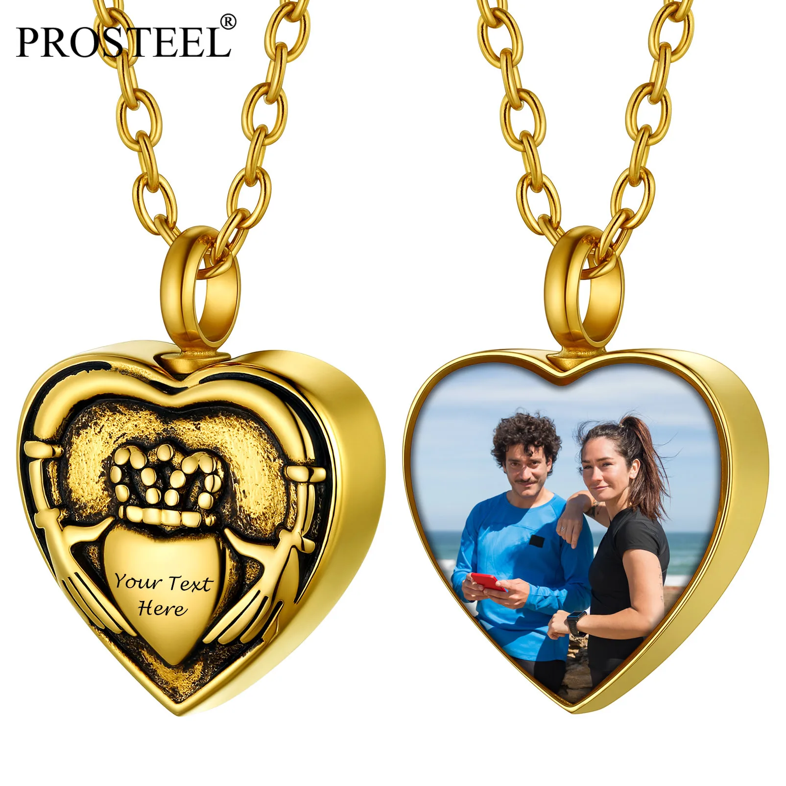 

PROSTEEL Personalized Claddagh Heart Cremation Urn Memorial Keepsake Engrave Picture Pendant 14K Gold/Silver Color PSP40047