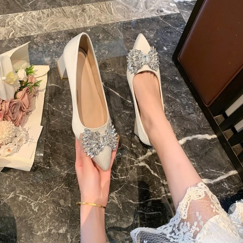 2026 Spring Autumn Black Suede Women's Shoes Pointed Toe Rhinestone Bow Buckle Strap Wedges Heels 3cm Shallow Mouth Ladies Shoes view 5