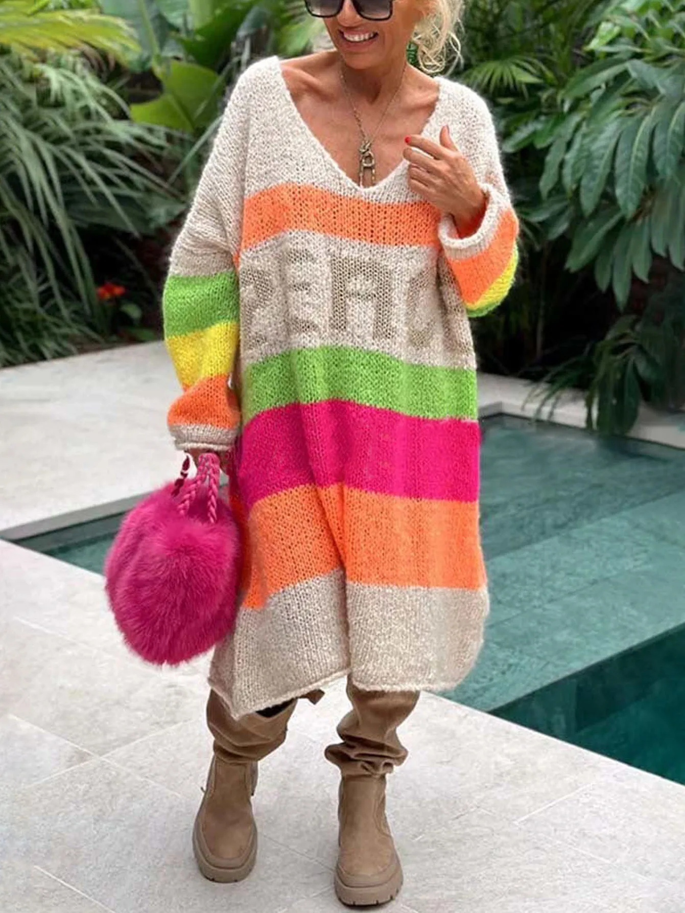 

Loose Casual Sweater For Women Autumn Winter Fashion V-neck Long Sleeved Contrast Stripe Letter Knitted Pullover New Warm Dress