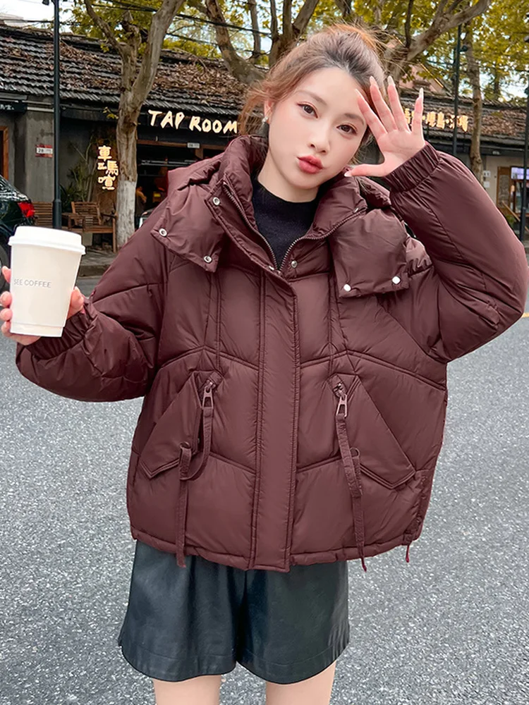 

Angola Red Faionable Younger Looking Bread Women Winter New Sle ort Hooded Large Size Cotton Jaet Korean Loose Fit