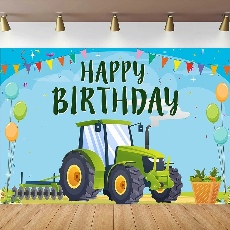 

Cartoon Green Tractor Photography Backdrop Happy Birthday Balloon Grass Event Party Decor Supplies Photo Background Banner