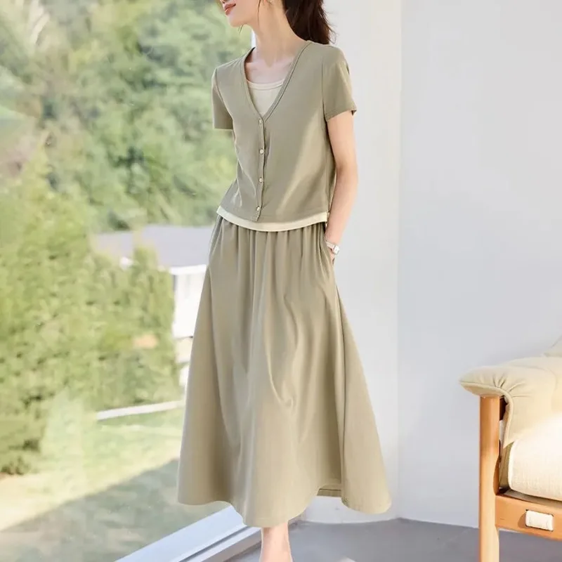 

Women's 2 Piece Outfit Casual Fake Two Piece T-Shirt A-Line Skirt Cotton Set