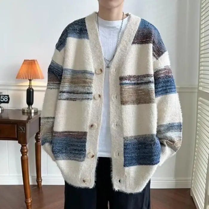 

Ретро-кардиган в полоску, свободный, вязаный, для пар, осенне-зимний, из полиэфирного волокна, с V-образным вырезом...