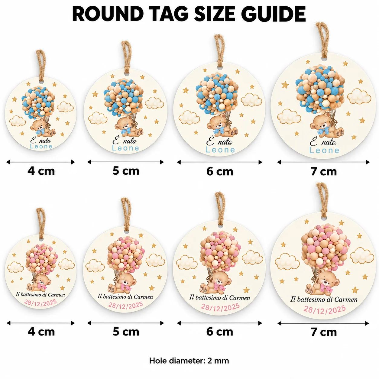 Customized Round Bear-Shaped Balloon Tags, Available in Pink and Blue, Can Be Customized with Names, Dates, and Messages, Suitable for Baptism Celebrations, Birthday Parties, Candy Bags, and Gift Packaging, Adding a Unique Sense of Ceremony to Every Gesture of Kindness