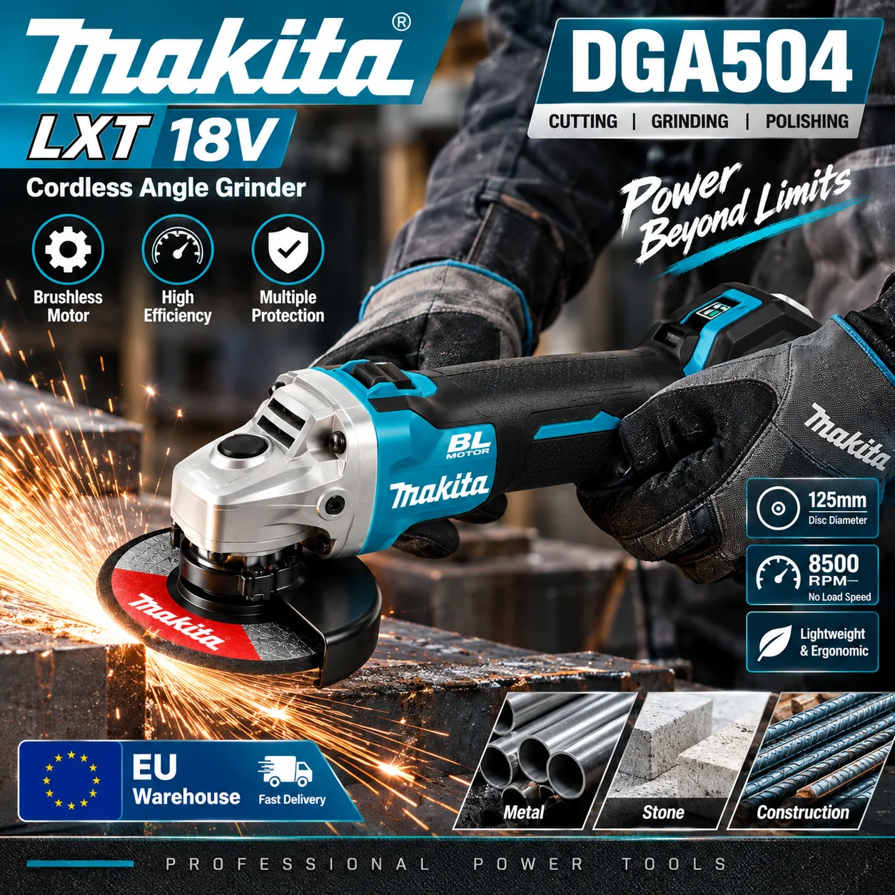Smerigliatrice angolare a batteria senza spazzole Makita DGA504 18V LXT 125mm 8500RPM, utensile elettrico per taglio, smerigliatura e lucidatura del metallo, magazzino UE
