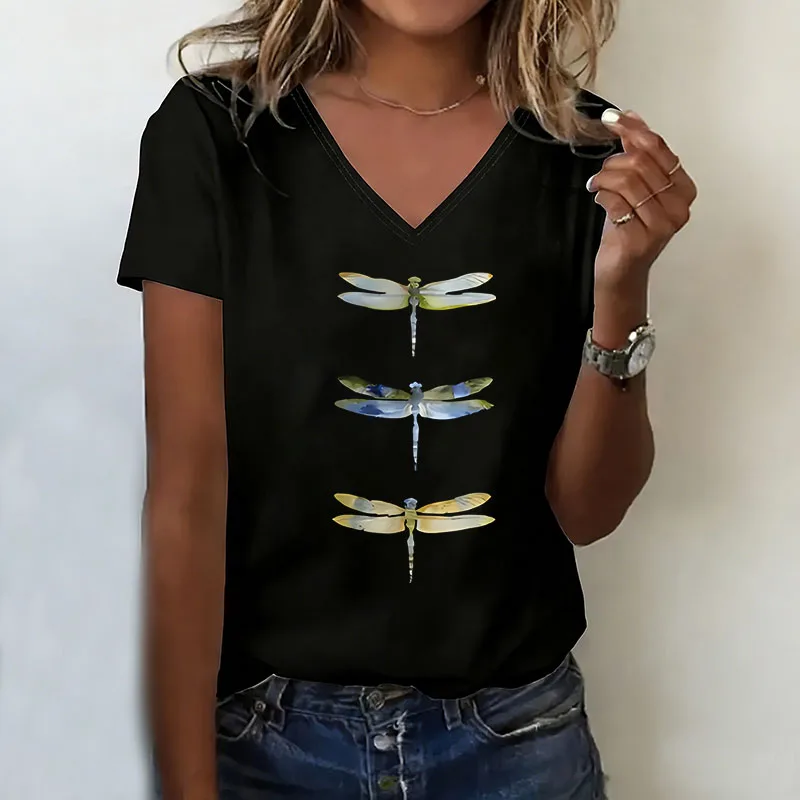 Funny Casual Fashion Y2k Butterfly T-shirt V Neck Printed T Shirts Women Short Sleeve Tee Shirt V-Neck Female Shirt