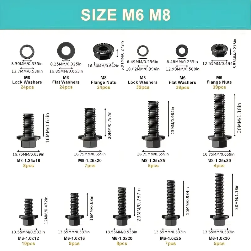 252pcs Premium Flange Hex Bolt Set - High-Strength & Rust-Resistant - Universal Fit for Car Repair & Mechanical Equipment - M6M8