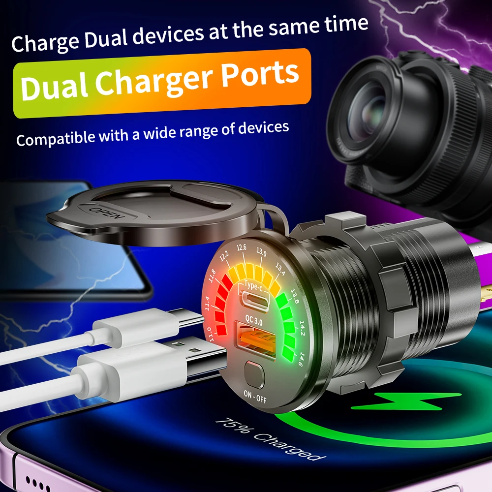 ZUNVMMS مقبس شاحن USB مزدوج مع الفولتميتر LED ON OFF التبديل QC3.0 نوع C مقاوم للماء منفذ USB شاحن سريع لسيارة 12 فولت/24 فولت