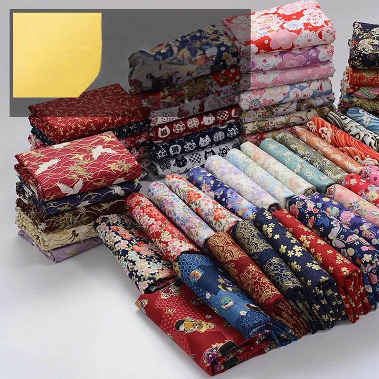 Japanese Fabric Flower Per Meter for Hanfu Cheongsam Kimono Sewing 100% Cotton Printed Cartoon Pattern Black Bronzing Cloth Soft