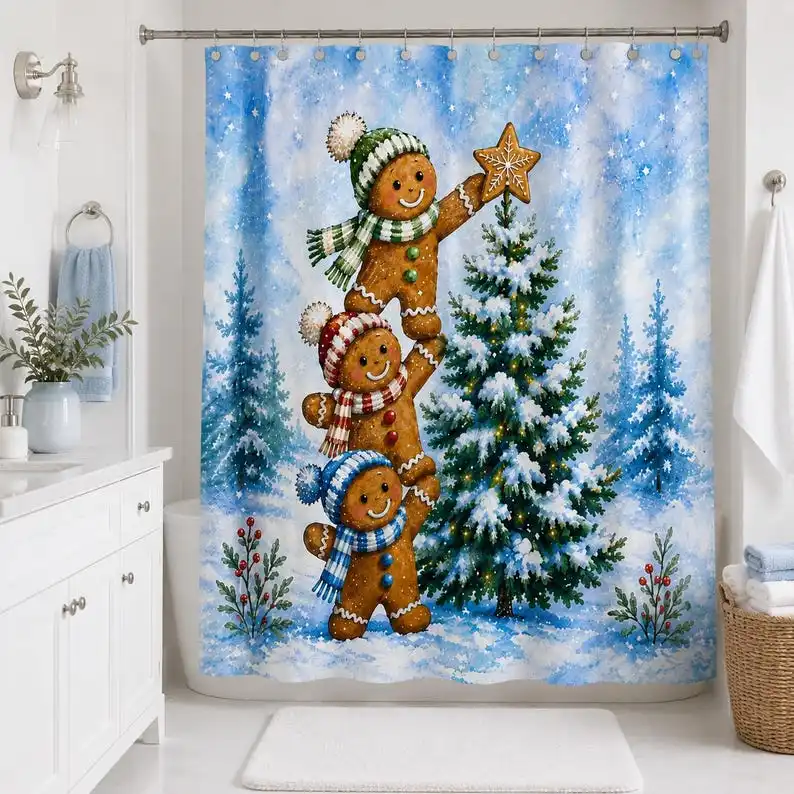New in 2026 Gingerbread Stack Tree Topper Shower Curtain |   Christmas Winter Holiday Bathroom
