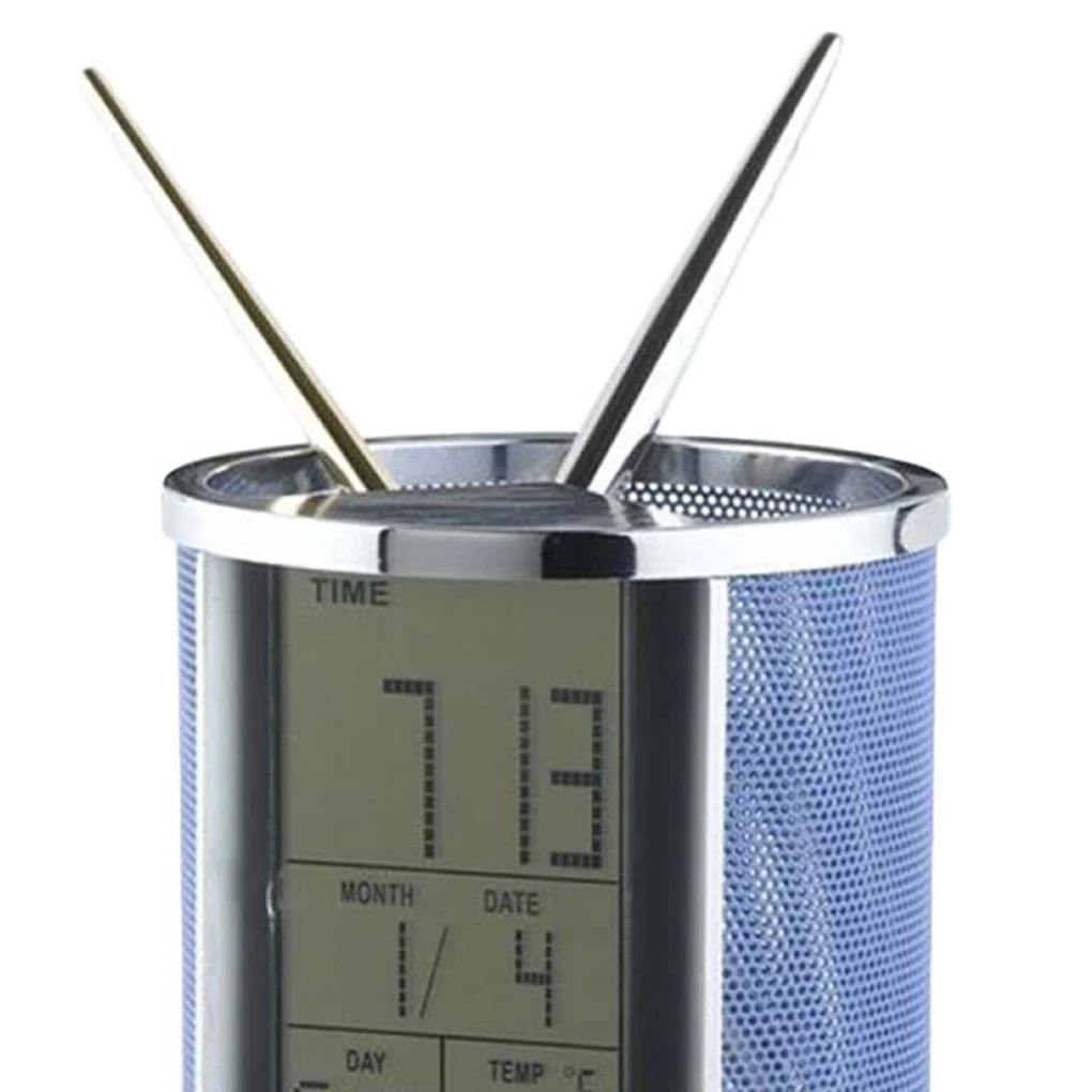 Multifunctional Mesh Pen Pencil Holder Digital LCD Office Desk ALarm Clock Time Temperature Calendar Function