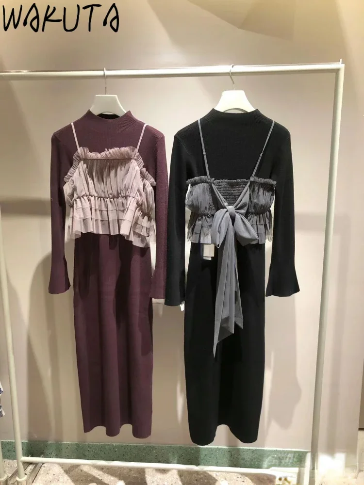

Wakuta Sweet Voile Sling Bow Sets Vest+knit Elegant O Neck Long Sleeve Slim Fit Dress Japan New Fashion Casual Suits Vestidos