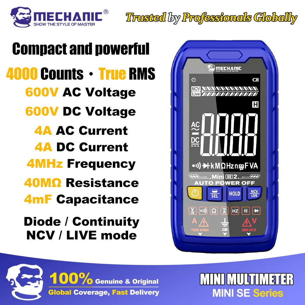 

MECHANIC Профессиональный Мини Цифровой Мультиметр True RMS, Напряжение AC/DC Ток Автодиапазон, Тестирование Ёмкости Сопротивления Частоты Диодов Проверка Цепей NCV