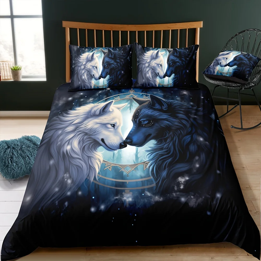 

3-Piece Wolf Pattern Duvet Cover Set - Animal Print Breathable All-Season Zipper Closure Woven Sanded Polyester Fabric