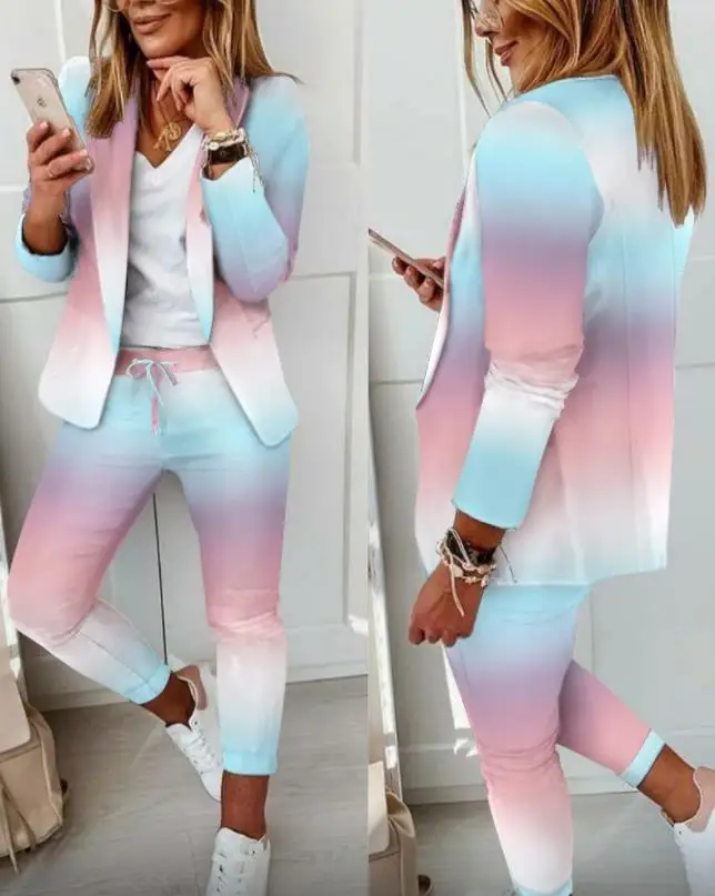 Women's Ombre Long sleeved Shawl Collar Suit Pants Set 2024 Spring/Summer New Women's Casual Daily Pants Set