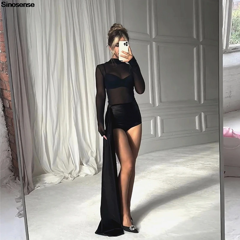 Women's Sheer Mesh See Through Sexy Jumpsuit Mock Neck Long Sleeve Streamers Slim Bodycon One Piece Night Club Party Rompers