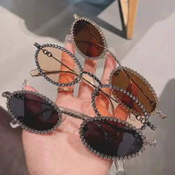 Fashion Luxury Vintage Brand Designer Diamond Oval Sunglasses Women Punk Metal Sun Glasses For Female Anti Blue Eyewear Frame