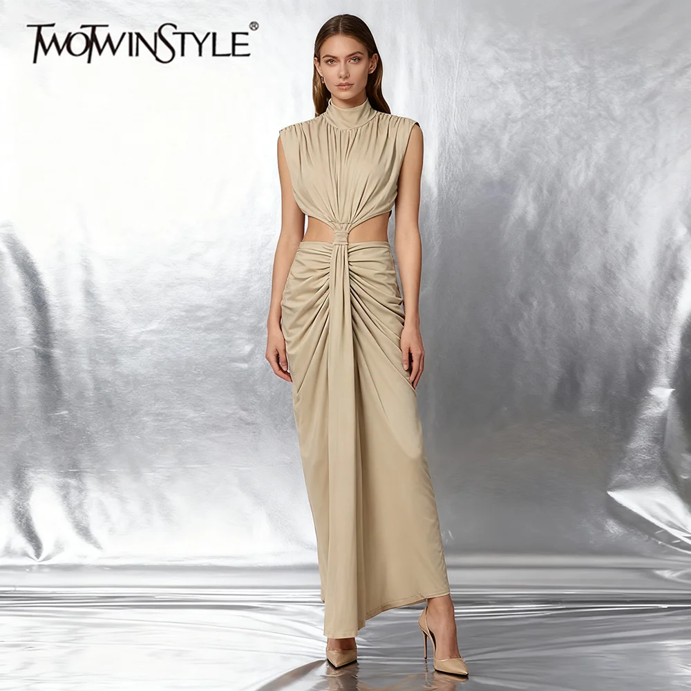 

TWOTWINSTYLE Slimming Spliced Shirring Fashion Dresses for Women Stand Neck Sleeveless Hollow Out Temperament Dress Female New