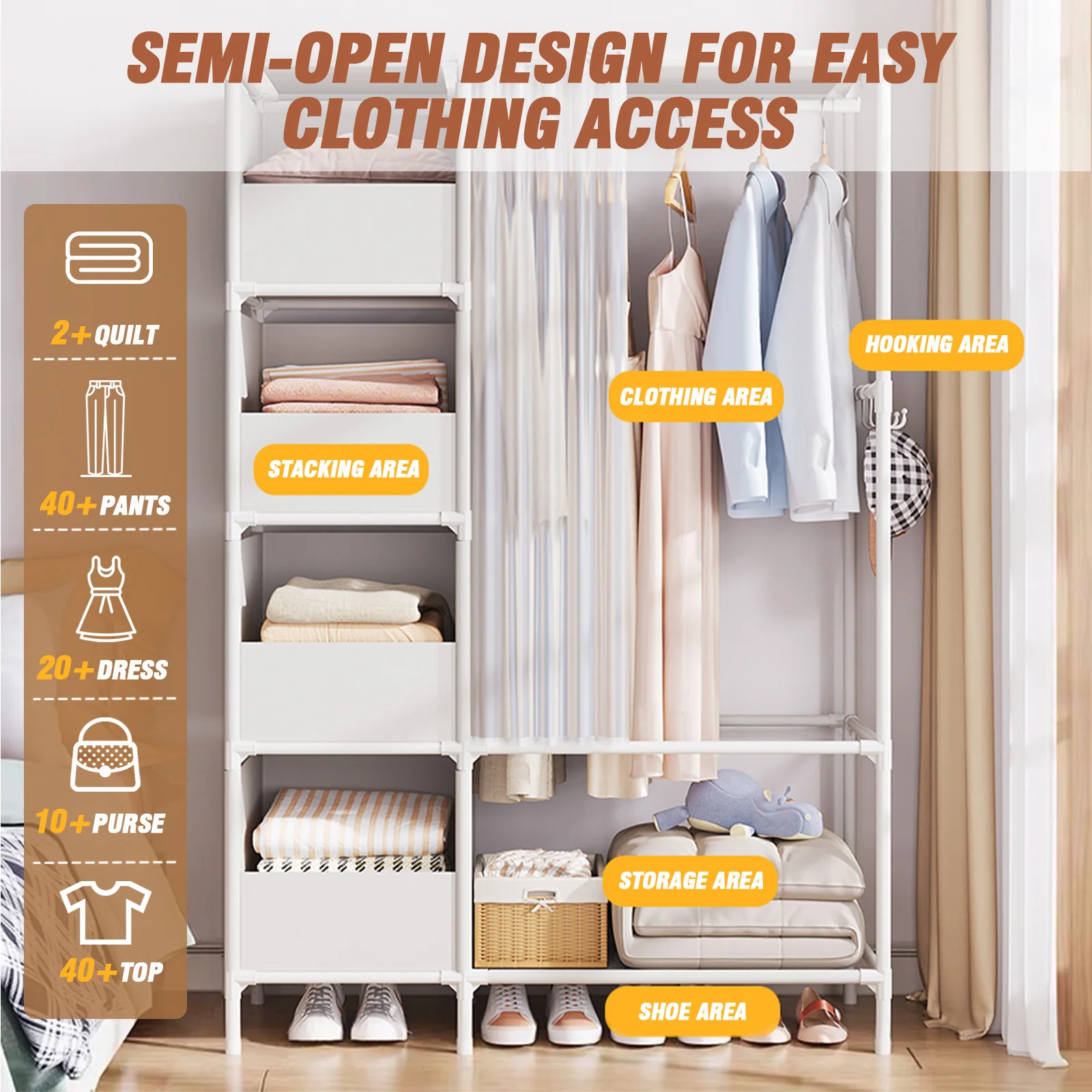 Portable Closet Wardrobe Non-Woven Fabric Organizer Dustproof Heavy-Duty Storage Rack Freestanding 4 Storage Drawers and Curtain