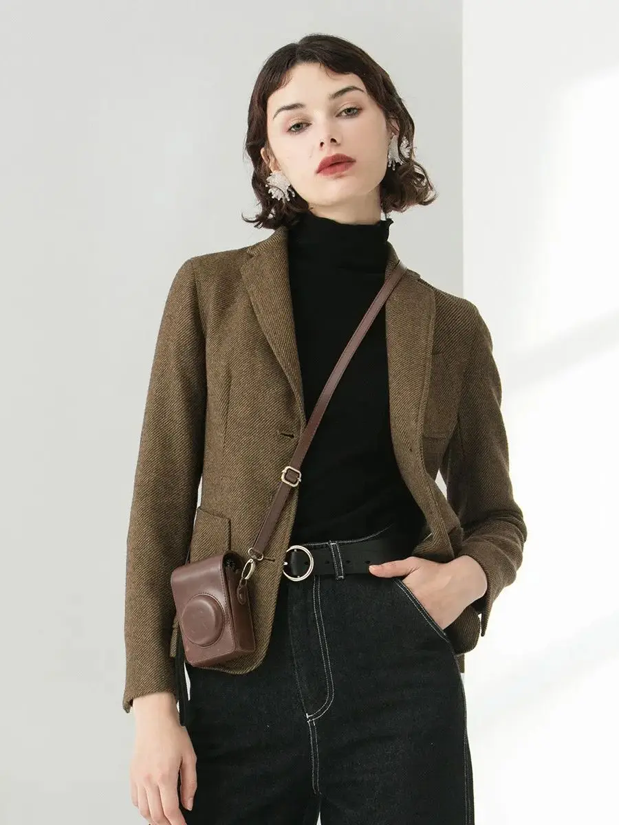 LOUIS YAO Womens Wool Blazer 2023 Autumn Winter Turn-down Collar Single Breasted Suit Office Lady Silm Fit Long Sleeve Jacket