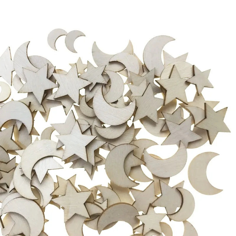 100pcs 10mm/15mm/20mm Mixed Wooden Cutouts Blank Star Moon Shape Wood Slices for Christmas Wedding Valentine Home Decor