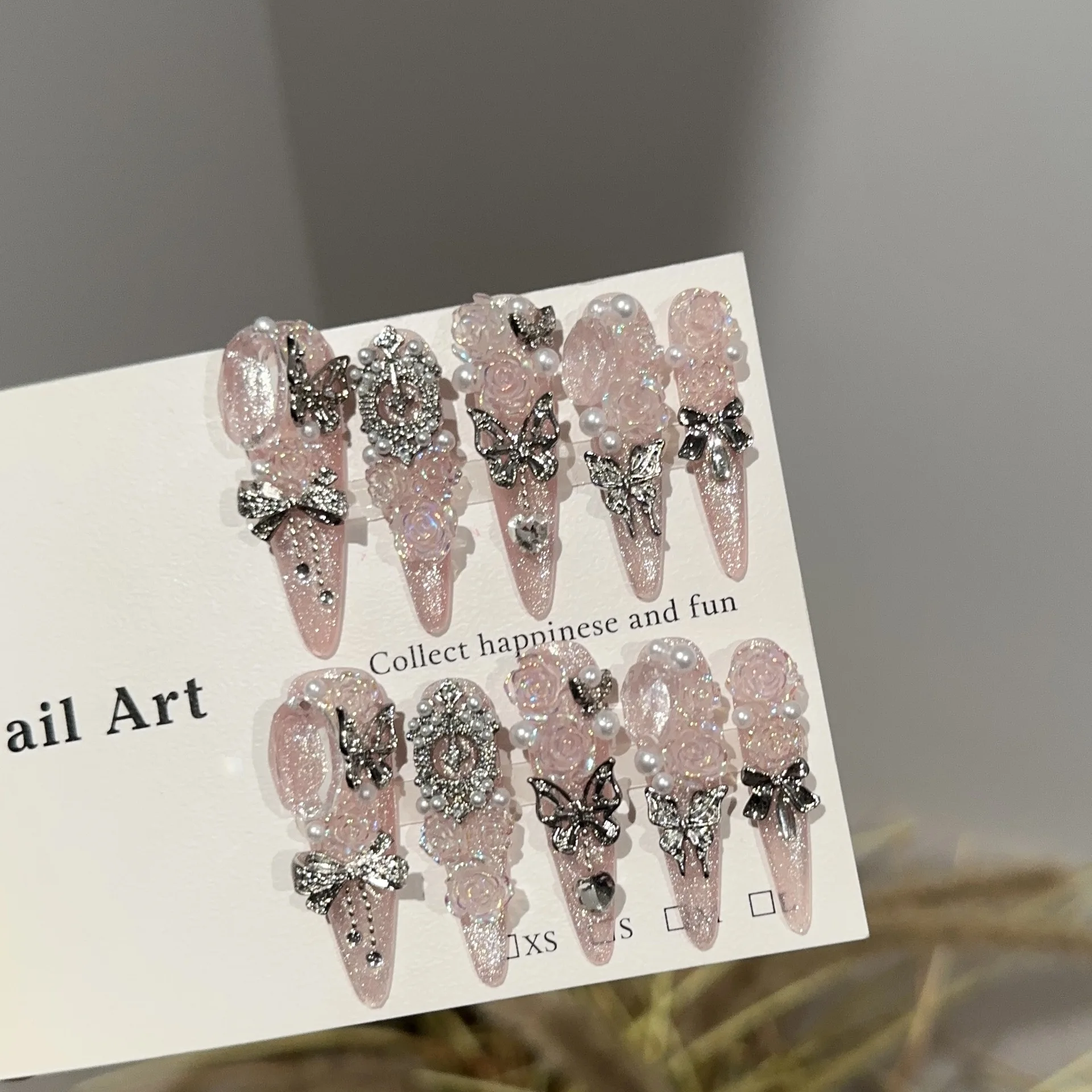 Handmade Stiletto Press on Nails Nude Pink Glitter 3D Rose Gun‑Black Butterfly Rhinestone False Nails Reusable For Wedding Brida
