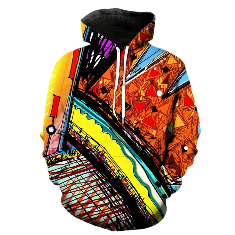 Abstract Doodle Art Hoodie Men's Harajuku Street Long Sleeve Pullover Sweatshirt Unique 3D Printed Graffiti Graphic Hoodies Coat