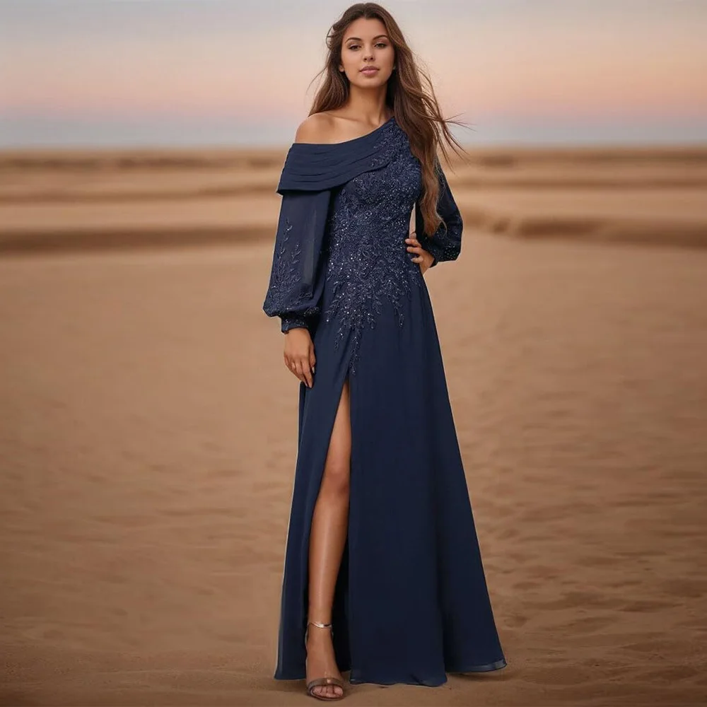 Vestidos personalizados exquisitos de un hombro para madre de la novia, Apliques de encaje, vestidos formales de manga larga, vestido de noche 2025