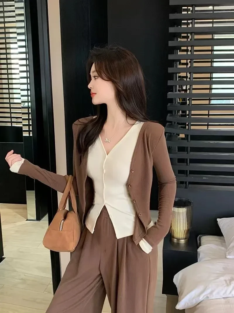 بالإضافة إلى حجم عارضة كسول نمط مجموعة المرأة الخريف سترة مفتوحة أعلى بالإضافة إلى حجم عالية الخصر بنطال ذو قصة أرجل واسعة قطعتين مجموعة