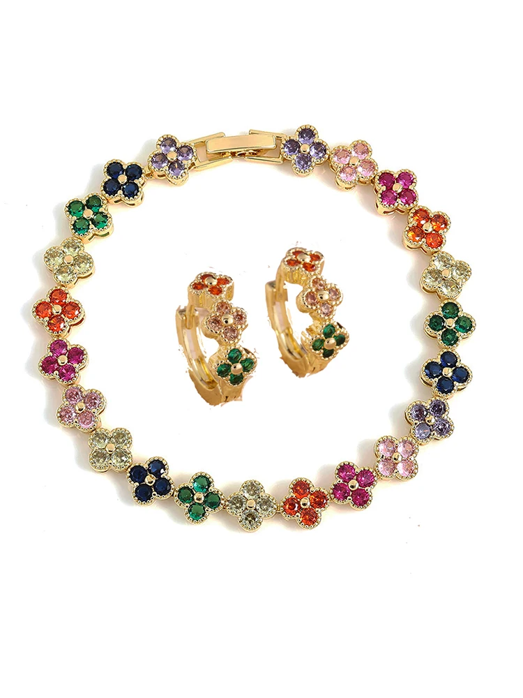 ZAKOL 2 pièces/ensemble coloré aléatoire Zircon fleurs Bracelet boucle d'oreille ensemble pour les femmes de luxe brillant cristal mariée bijoux de fête de mariage