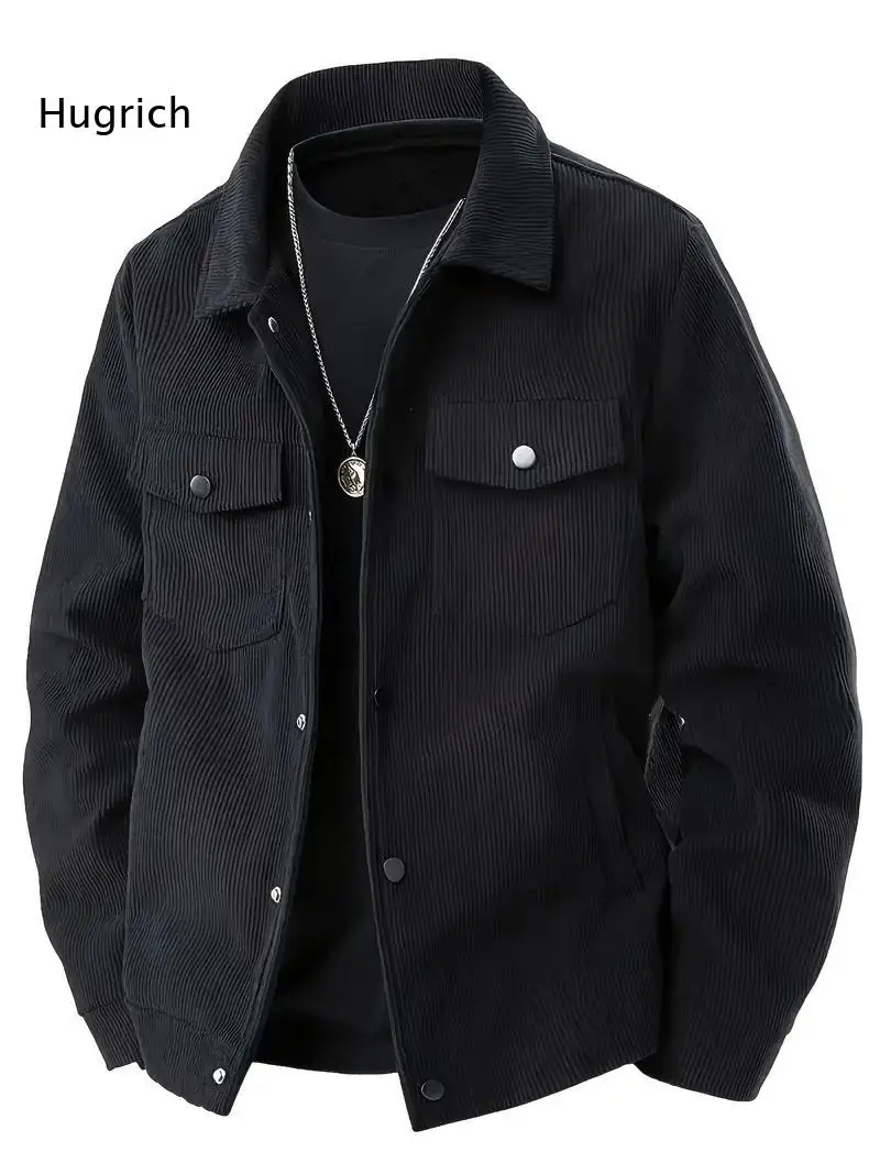Mens Vintage Corduroy Trucker Jacket Lapel Collar Snap Buttons Flap Pockets Long Sleeve Relaxed Fit Daily Outer Coat