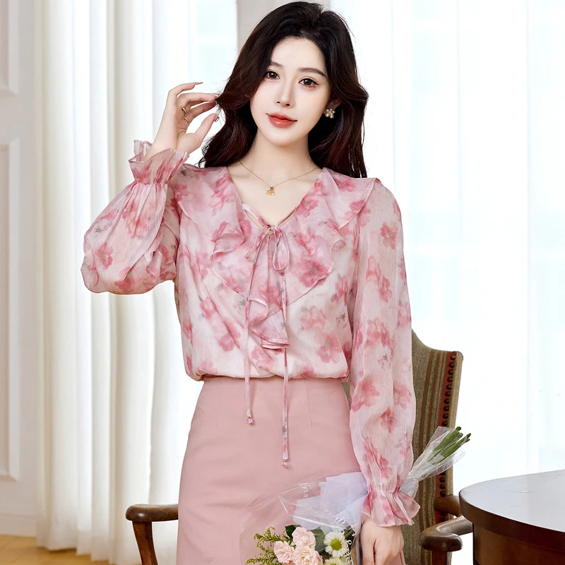 レディースブラウスシャツ 新品 長袖 Vネック プリント レースアップ フリルブラウスシャツ レディース トップス ブラウス シャツ ブルサス カミサス 2025 Q1341