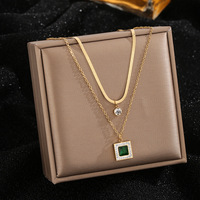 316L Stainless Steel New Fashion Fine Jewelry 2 Layer Full Zircon Green Crystal Charm Chain Choker Necklaces Earrings For Women