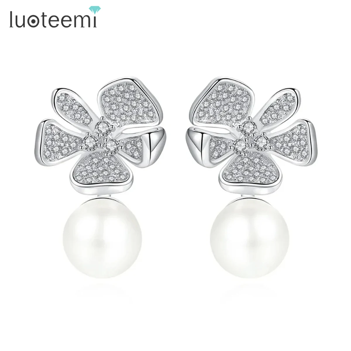 

LUOTEEMI Exquisite Simulated Pearl Stud Earrings for Women Luxury Flower CZ Bridal Wedding Party Jewelry Friend Christmas Gift