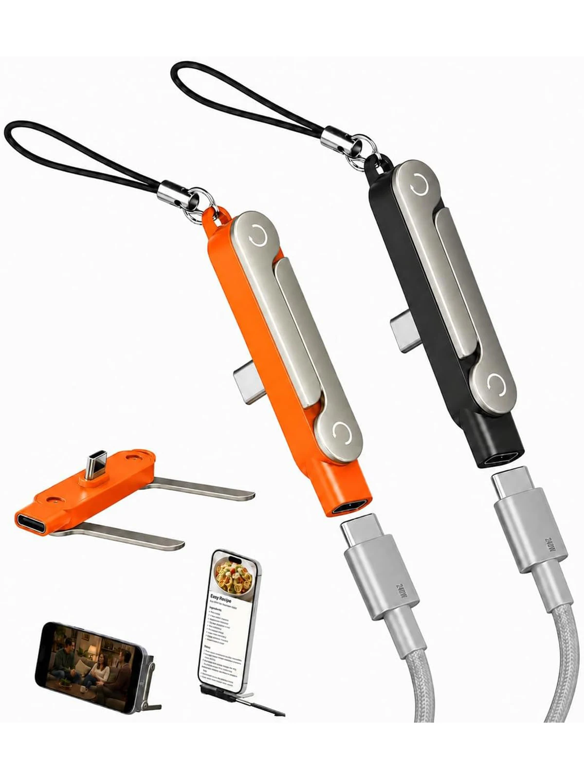 USB Typ C Flaches Ladekabel mit integriertem Ständer und unsichtbarer Halterung, faltbarer Telefonhalter, 240W Ladekabelhalterung